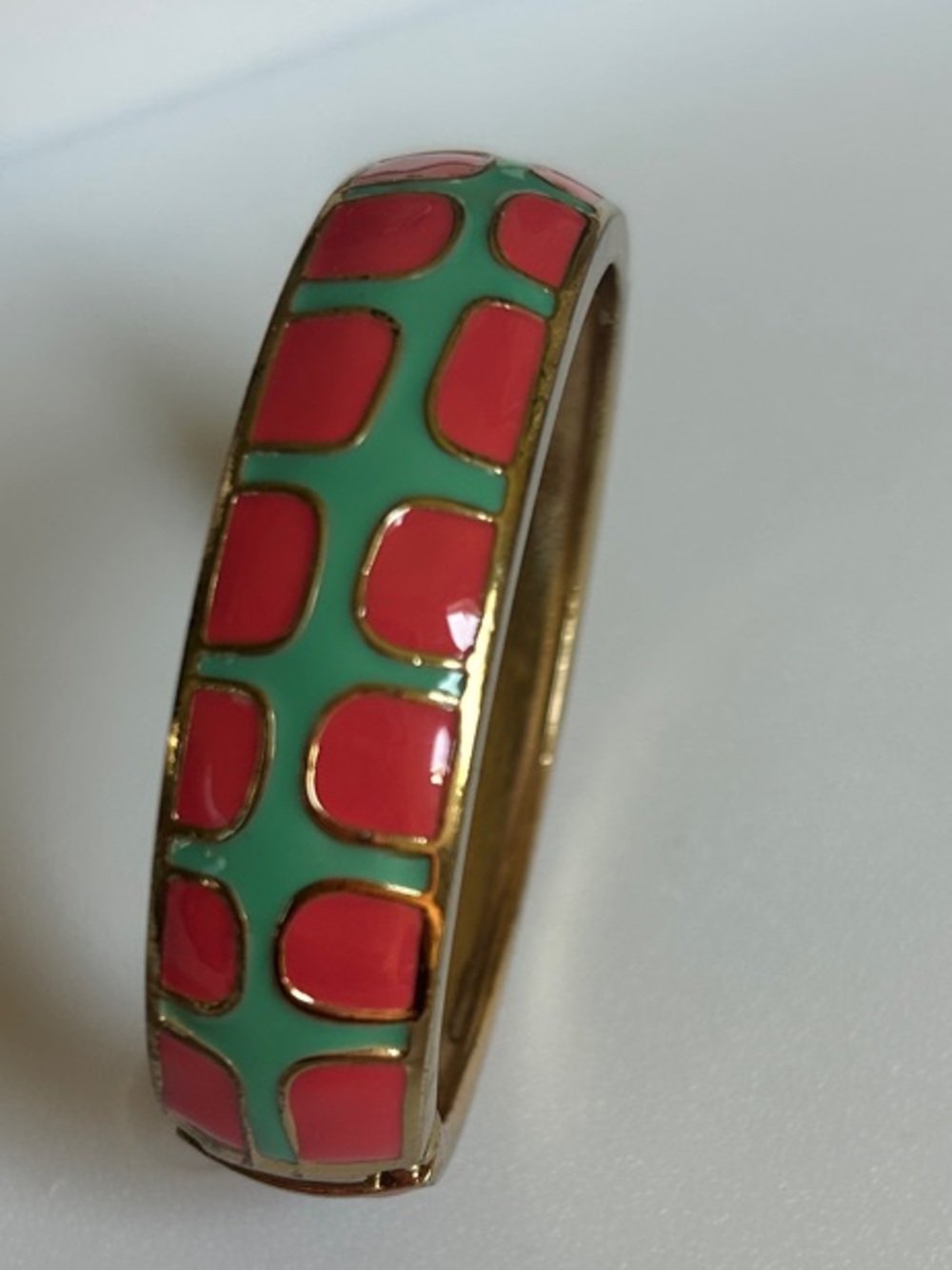 Gold-Tone Hinged Bangle with Coral and Mint Enamel